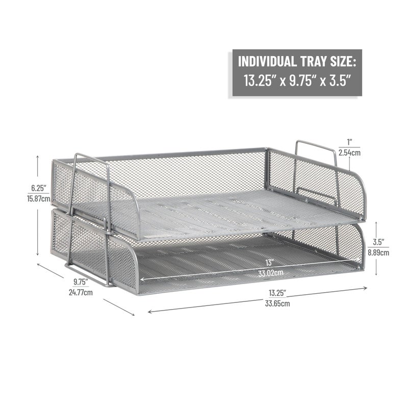 Mind Reader Stackable Paper Tray, Desktop Organizer, File Storage, Office, Metal Mesh, 13.25" L x 9.75" W x 6.25" H, 2 Pcs., Silver - Image 3